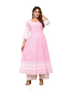 Women's Casual 3/4th Sleeve Embroidered Cotton Kurti Set (Pink, 2XL)-PID48475