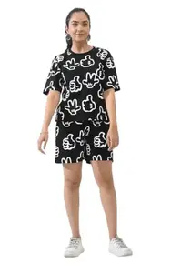 Women Printed Black Round Neck T-shirt & Short Set | Cord Set | Top & Shorts Set (L)