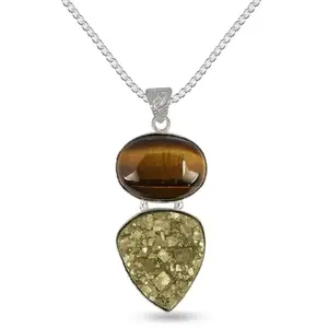 Crystu Natural AAA Pyrite with Tiger Eye Pendant with Metal Chain Original and Authentic Crystal Gemstone Locket for Unisex