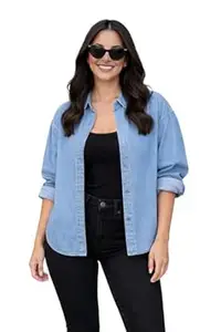 FUNDAY FASHION Women Oversized Fit Solid Casual Denim Shirt