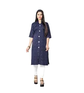 Women's Casual 3/4th Sleeve Floral Printed Crepe Kurti (Navy Blue, S)-PID46187