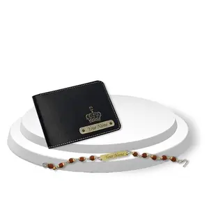 SAVRI Personalized Rakshabandhan Gift Combo: Leather Men's Wallet Black & Rudraksh Rakhi with Name Engraved. Ideal Gift for Brothers on Rakhi, Rakshabandhan, Festivals & Special Occasions etc.