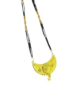Traditional Gold-Plated Mangalsutra Necklace with Black Beads, Crescent Moon Pendant, Long Chain Design