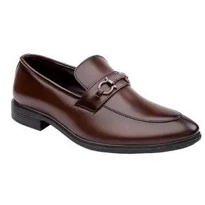 Baxxico Men's Fuax Leather Material Aimix Sole Formal Brown Slip-on Lofer Buckle Shoes-6UK[BAX842-Brown]