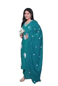 Cotton Embroidered Kurti Set with Pant and Dupatta, Traditional Indian Ethnic Wear, 3 Piece Suit