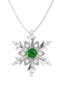 PURE 925 Steerling Silver Natural Emerald and Diamond Pendant With Chain