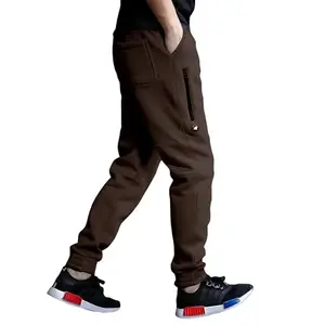 Men's Cotton Fleece Jogger Pants with Stylish Zip Pocket | Thick Cuffed Track Bottoms for Casual Wear, Gym, Running & Lounge | Cozy Trousers for Winter Nights (in, Alpha, L, Regular, Brown)