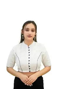 KSD Clothing Women's White Schiffli Cotton Crop Blouse | Mandarin Collar | Classic & Elegant Women Blouse | Navy Blue Button-Down | Elbow Sleeves