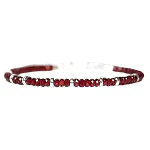 LKBEADS Silver Plated Bracelet with Red Faceted Garnet Beads – Rondelle 3mm – 7 inch Adjustable – For Men & Women|LK_STACK_03133