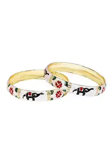 ACCESSHER micro gold plated Ivory Meenakari Bangles with Elephant Motifs design for Women and girls pack of 2 | Ideal for Wedding, Party, Western | Bangles for Women