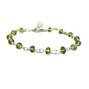 LKBEADS Silver Plated Bracelet with Green Faceted Peridot Beads – Rondelle 3.5mm – 7 inch Adjustable – For Men & Women|LK_STACK_05291