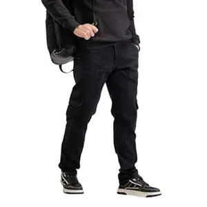 WROGN Men's Cotton Stretch Cargo Jeans | Solid | Straight Fit