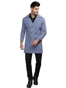 CHKOKKO Winter Wear Double Breasted Notch Lapel Tweed Pea Trench Long Coat For Men Denim XXL