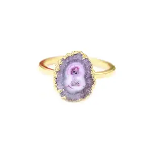 G-Vogue Beautiful Jewelry Natural Purple Solar Quartz Gold Electroplated Designer Adjustable Ring Gift for Girls