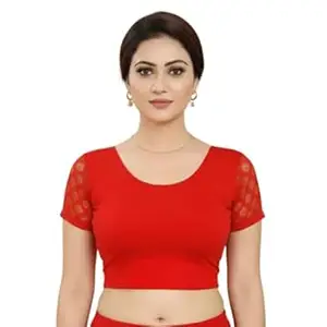 TRUNESS Round Neck Cotton Lycra Stretchable Half Net Sleeve Readymade Saree Blouse for Women and Girls, Size (26 to 44)