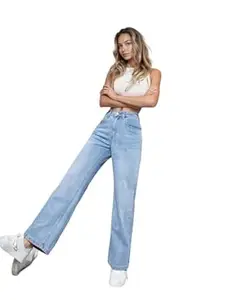 KOTTY Women’s High Waist Wide Leg Button Coin Pocket Straight Fit Jeans Stylish Regular to Plus Size Fit Denim Jeans for Women