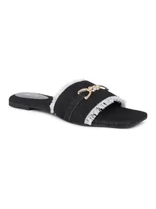 Inc.5 Women Black Denim Latte Buckle Embellished Open Toe Flats