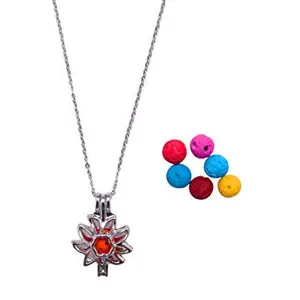 AD's Flower Aromatherapy Essential Oil Diffuser Perfume Necklace Locket Pendant And 7 Colours Lava Stone Beads and 24" Link Chain