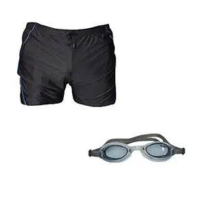I-SWIM Swimming Shorts V-619 Black Sky Piping Size 3XL with Goggles Silicone IS-1600 with Pouch Black