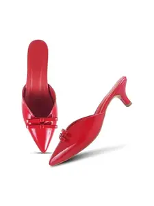 FROH FEET Women’s Kitten Heel Bow Detail Pointed Toe Mules – 2-Inch Slip-On Dress Shoes for Wedding Party Prom Date - Red