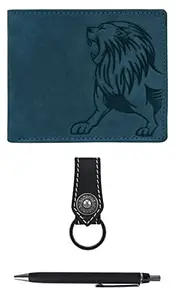 URBAN FOREST Vintage Blue Leather Wallet + Black Pen + Keychain Combo Gift Set for Men