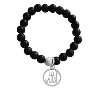 M Men Style Natural Gemstone 8mm Bracelet Mens Allah Bracelet - Black Onyx Bracelet with Silver Allah - Strength Peace Black SBr202415