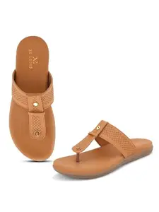 XE Looks Women's Tan Flat Slippers | Finish with Gold Accent | Textured Design & Comfortable Fit | Adjustable Strap Design Slippers For Girls & Women