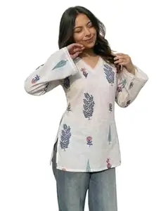 ANNI Designer Women's Viscose Blend Printed Short Kurti | Ethnic Printed Tunic Top | V Neck Lace Detail | Full Sleeve Hip Length Kurta Top for Women