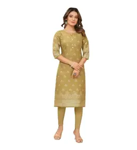 Women's Casual 3/4th Sleeve Foil Gold Printed Ruby Cotton Kurti (Mustard, M)-PID46103