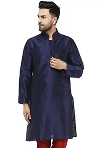 Amazon Brand - Anarva Men's Indian Tunic Top Art Silk Casual Long Shirt Kurta (Blue, Large)