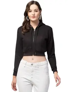 Nairobi Stylish Solid Hooded Cropped Zipper Sweatshirt Long Sleeve Crop Hooded Jacket for Women (Medium, Black)