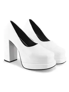 JM LOOKS Women's Pumps Closed Round Toe Chunky High Heels Platform Work Comfortable Dress Wedding Party Pumps Shoes - White