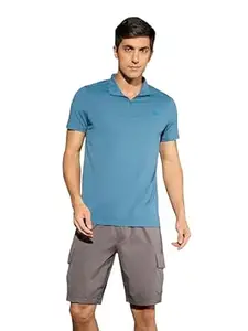 TECHNOSPORT Men's Solid Slim Fit Mock Neck T-Shirt COTFLEX Half Sleeve Zip Polyester for Gym Running Workout UPF50+ Anti Odour