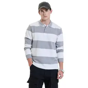 Snitch Full Sleeve Light Grey Stripes Polo Regular Fit T-Shirt (in, Alpha, M, Regular)