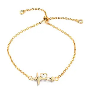 Via Mazzini Gold Plated No-Tarnish No-Rusting Never Fading Heart And Heartbeat Bracelet Birthday Anniversary Valentines Day Gift For Women & Girls (Bracelet0528) Adjustable Size