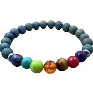 LKBEADS Peacock Druzy Agate 7 Chakra Bracelet, Healing Beaded Bracelet, Natural Stone Energy Jewelry, Spiritual Gift for Mindfulness|8mm Round|Smooth|Multicolor|SRC_LI_000195