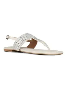 Inc.5 Womens Cream Casual Embellished T-Strap Flat Sandals