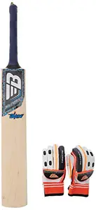 BHAJJI Kashmiri Willow Cricket BAT Blade Size-5 with BHAJJI Batting Gloves 202 Boys