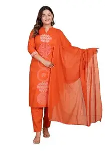 V.K.CRAFT Women's Cotton Printed Straight Kurti With Pant and Dupatta Set (DARK Orange-XXL)