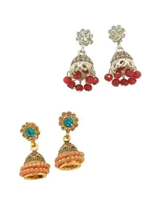 9blings Set Of 2 Gold Silver Plated Zirconia Jhumka Earrings|Red Blue Traditional Jhumka For Women and Girls|Combo Set For Girls