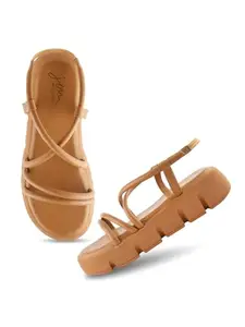 JM LOOKS Women's Beige Backstrap Pull-On Sandals Comfortable Cushioned Sole, Stylish Design for Everyday Use.