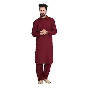 SOJANYA (Since 1958 Men's Maroon Cotton Blend Pathani Kurta & Salwar Set Size XXL