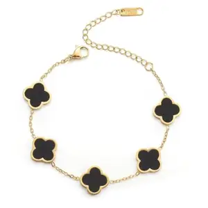 Stylish Clover Charm Bracelets for Women and Girls | Black & White Four-Leaf Design Chain Bracelets Set | Adjustable Metal Link Bracelets (Black)