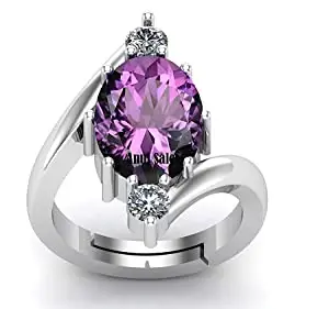 ANUJ SALES 7.00 Ratti 6.00 Carat Amethyst White Metal Ring Katela Ring Original Certified Natural Amethyst Silver Plated Stone Ring Astrological Birthstone Adjustable Ring for Men and Women