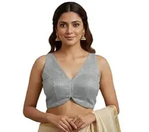 The Ethnic Folk Women's Elegant Silver Shimmer Lycra Saree Blouse – Metallic Stretchable Padded Blouse (Size 34-40 Alterable)