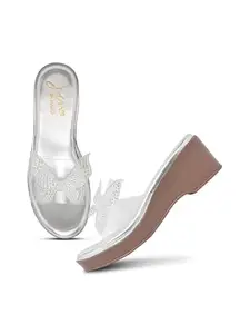 JM LOOKS Women Transparent Wedge Sandals Slip-On Embellished Butterfly Design Padded Insol Perfect for Multiple Occasions Wdding Brunch & Casual Use - Silver