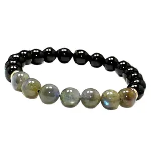 RRJEWELZ Natural Black Tourmaline & Labradorite 8mm Round Shape Smooth Cut Beads 6.5 Inch Stretchable Bracelet For Men & Women. Unisex Bracelet For Healing, Meditation, Prosperity & Luck|STBR_RR_10299_6.5