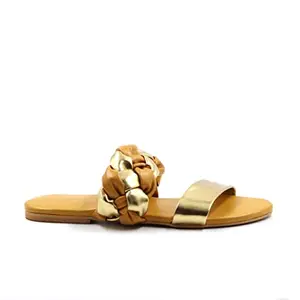 YELLOWSOLES Knotted Golden Strap Round Toe Flat Sandals (Mustard)