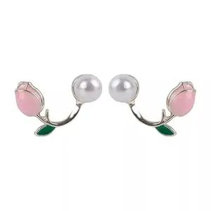 Dreamy Jewels Pearl Stud Earrings Pearl Pink Flower Stud Earrings for Women and Girls