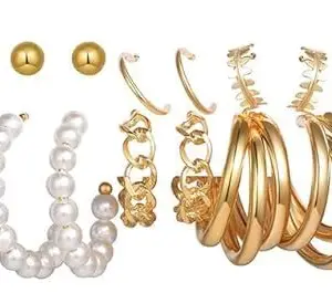 Pair Pretty Gold Plated Pearl Stone Studs and Hoop Earrings For Women and Girls